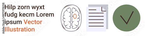 Education, knowledge validation, task management, organizational processes, document verification, approval status. Brain, text document and checkmark icon. Knowledge and document verification
