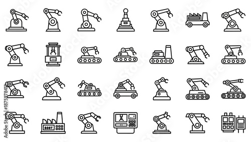 Collection of robotic arm icons in various designs.