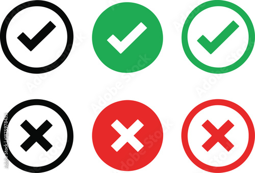 Vector illustration set of green tick check mark and red cross icons with yes and no buttons for web design symbolising accept or vote sign circle