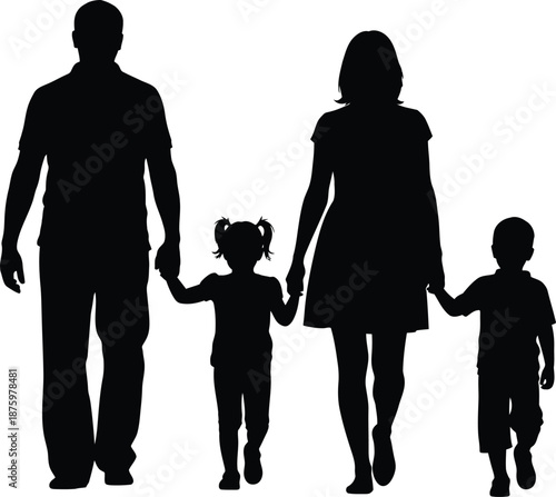 Silhouette of a family of four holding hands together with two children in the middle