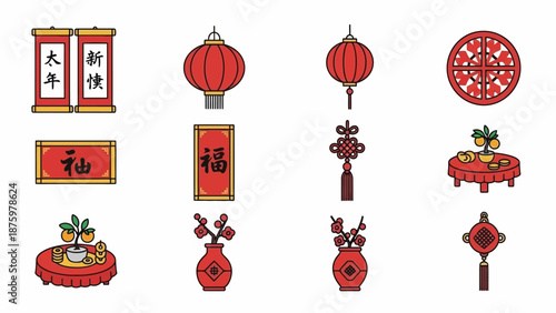 Collection of Chinese New Year icons with traditional decorations and symbols of good fortune and prosperity
