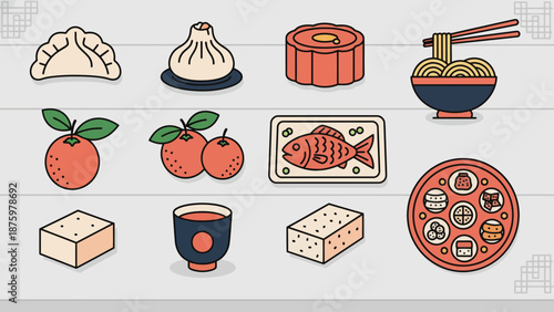 Vibrant collection of traditional Asian culinary delights and cultural symbols, perfect for celebrating holidays or exploring authentic flavors with charming flat design illustrations