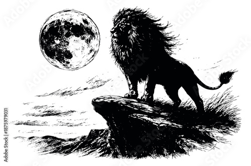 Hand drawn line art illustration of a lion depicting a majestic stance on a cliff under a full moon for strength and nature themes