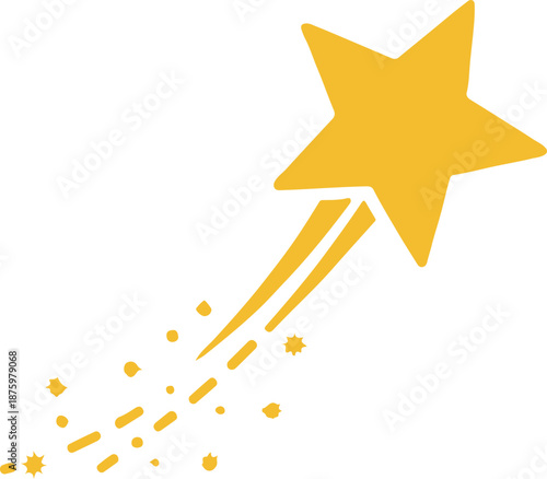 A dynamic yellow shooting star vector icon with a trailing stardust effect. This clean, flat-style illustration represents success, magic, speed, and high-quality performance.