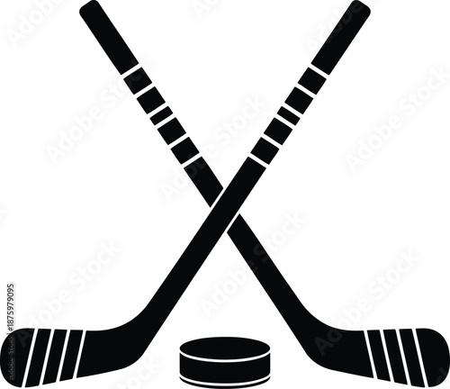 Two Black Hockey Sticks Crossed with a Black Hockey Puck Between Them