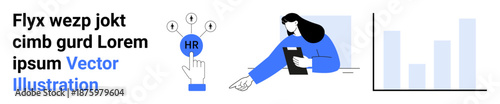Human resources, data analysis, decision-making, employee management, organizational growth, recruitment. A hand pointing to HR with icons, a bar chart and a person holding a document. Human