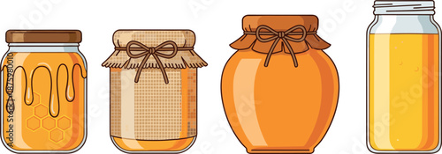 Set of four honey jar vector illustrations featuring dripping honeycomb burlap wrap and decorative bows for organic food design