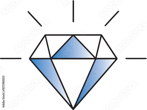 A professional vector icon of a faceted diamond with blue gradients and radiating light rays. The clean geometric lines convey brilliance, high quality, and premium financial or game success.