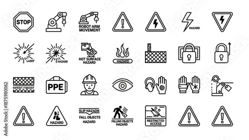 Collection of Safety Warning Icons and Symbols.