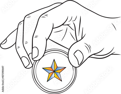 A detailed line art illustration of a hand carefully holding a circular gold coin featuring a vibrant yellow and blue star, symbolizing premium rewards, excellence, and financial success.