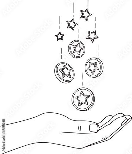 A minimalist line art vector of an open hand reaching out as circular coins and stars fall from above. It symbolizes a sudden financial reward, jackpot, or professional success.