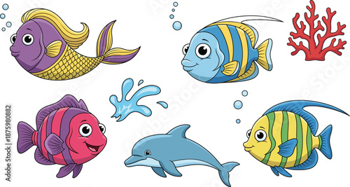 Cute Cartoon Sea Life Illustration Set with Colorful Fish, Dolphin, Coral, and Bubbles for Kids Education, Aquatic Designs, and Vector Artwork