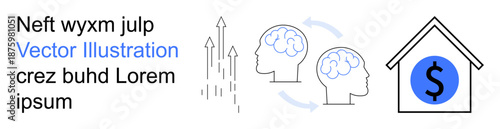 Business strategy, finance management, brainstorming, cognitive growth, goal achievement, and savings. Two outlined brains connected with arrows, rising growth lines, house with dollar sign