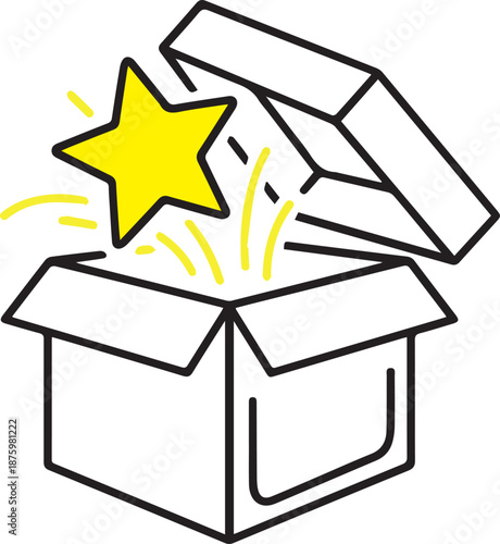 A minimalist line art vector of an open cardboard box with a bright yellow star popping out. It represents a surprise gift, a special offer, or a high-quality product unboxing.