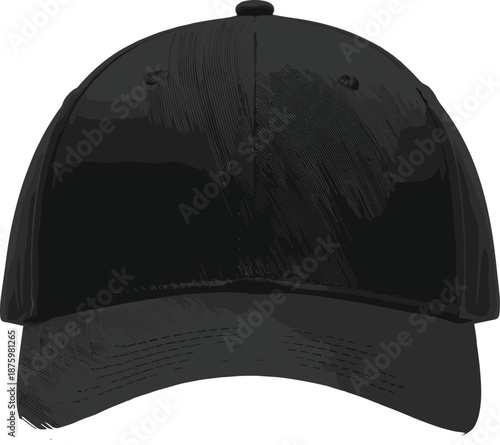 Black baseball cap front view with curved visor isolated on white background casual headwear fashion vector illustration
