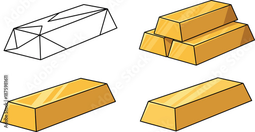 Set of gold bullion bars and stacks in flat color and line art styles isolated on white background for financial investment and wealth.