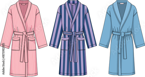 Set of three comfortable terry cloth bathrobes in pink striped purple and plain light blue colors vector illustration.