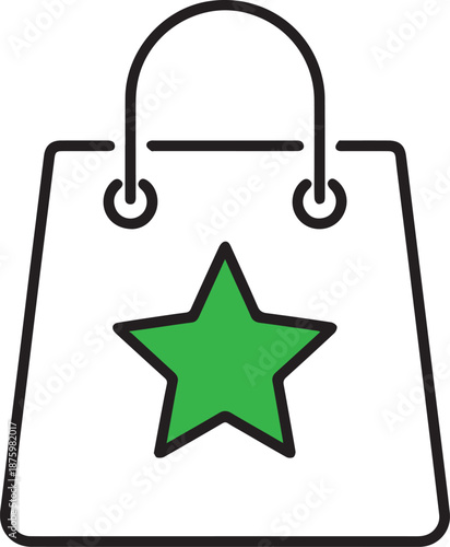 A minimalist line art vector of a shopping bag with a prominent green star icon. It symbolizes a highly-rated store, favorite products, retail rewards, and premium customer satisfaction.