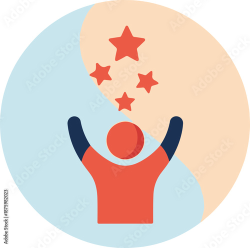 A flat vector illustration of a person with raised arms under four red stars, set against a circular, two-tone background. It represents high ratings, personal achievement, and success.
