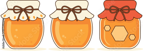Set of three cute honey jar vector illustrations with decorative scalloped fabric lids and twine bows for kitchen design