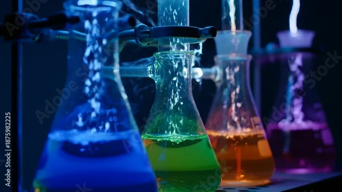 Captivating fluorescent chemical reactions with bubbling liquids and electrical discharges in a dark laboratory, illustrating the dynamic Digital Literacy Evolution.