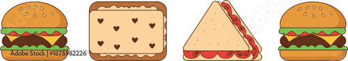 Set of four food vector illustrations featuring classic cheeseburgers a triangular tomato sandwich and a heart decorated snack sandwich