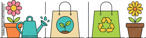 Set of four gardening and eco friendly vector line art icons featuring potted flowers watering can and recycling bags