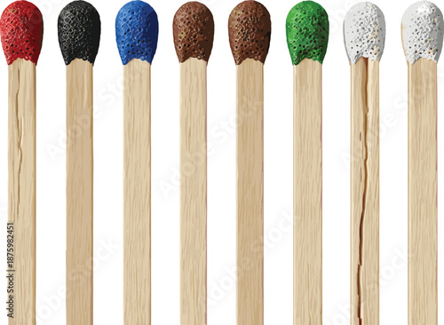 Colorful safety matches set with textured heads isolated on white background for packaging and product design