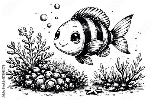 Hand drawn illustration of a cute striped fish depicting an ocean scene with coral and starfish for children's design