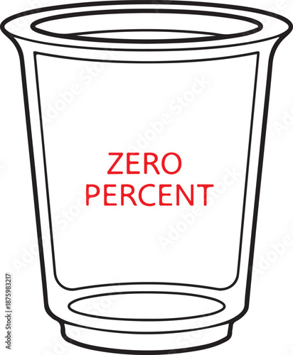 A black and white line art vector of an empty plastic cup or container featuring the text "ZERO PERCENT" printed in red across the center, symbolizing diet, purity, or empty contents.