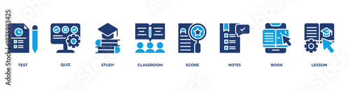 Learning Journey Icons set vector illustration with Test, Quiz, Study, Classroom, Score, Notes, Book, Lesson
