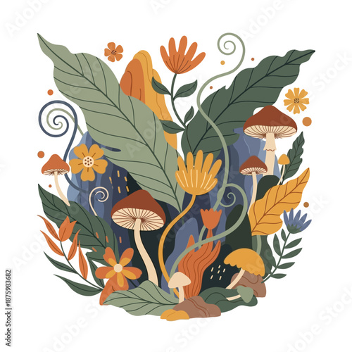 Enchanting Forest Floor with Whimsical Mushrooms and Lush Foliage.