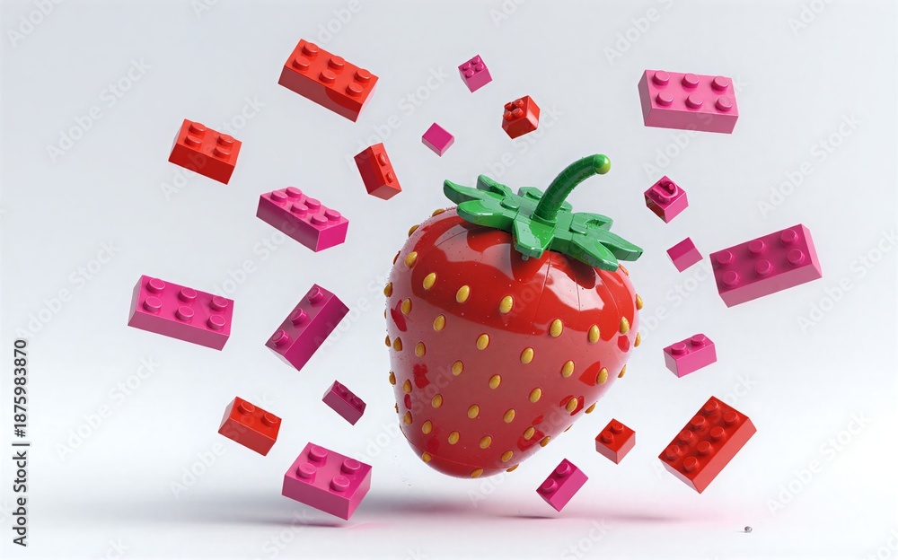 Fototapeta premium strawberry with red and pink bricks floating around, vibrant and playful.