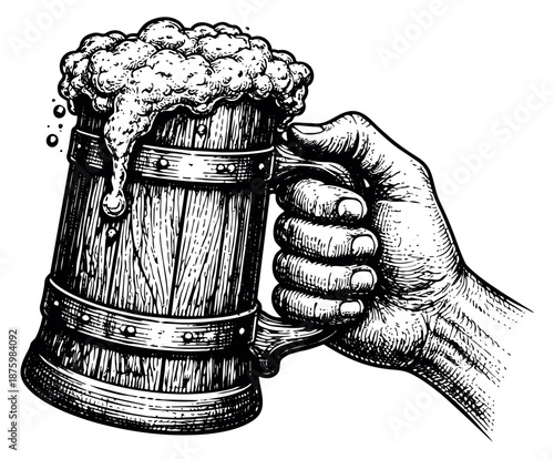 Hand drawn line art illustration of a hand holding a wooden beer mug depicting frothy beer for a pub