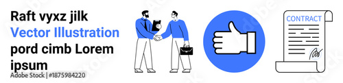 Business, partnership, trust, agreements, teamwork, confidence. Two professionals shaking hands, thumbs-up symbol contract document. Business and partnership theme highlighting trust and agreements