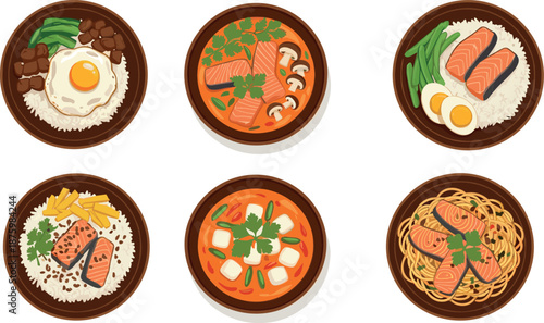 Vector illustration set of gourmet Asian dishes featuring salmon rice bowls fried egg stir fry and savory seafood pasta