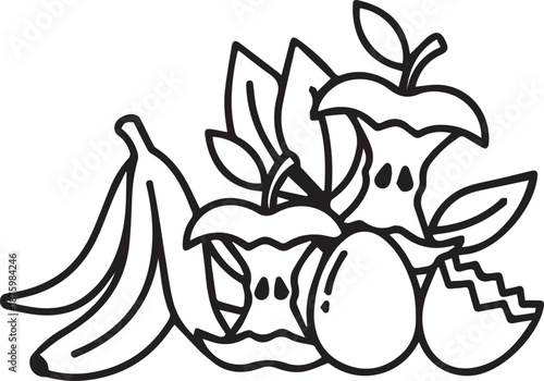 A minimalist black outline vector featuring organic waste items like a banana, apple cores, and an eggshell. It effectively represents composting, food scraps, and bio-waste.