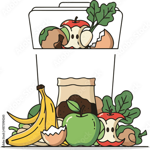 A colorful flat vector illustration of a grey compost bin overflowing with organic food waste like bananas, apples, and broccoli, marked with a green recycling symbol.