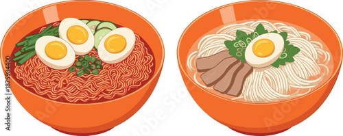 Vector illustration set of authentic Asian noodle bowls featuring spicy red noodles with eggs and clear broth pork ramen