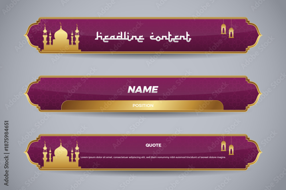 Fototapeta premium Islami Lower Third Banner Set with Mosque Silhouettes Ornate Gold Trim on Purple 