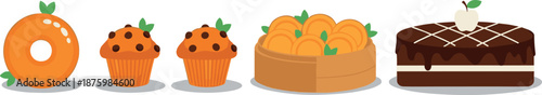 Vector illustration set of baked goods featuring an orange donut chocolate chip muffins steamed pastries and a chocolate cake