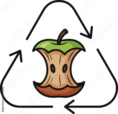 A flat vector illustration of an eaten apple core positioned inside a black triangular recycling symbol. This graphic represents organic waste composting and sustainable green practices.