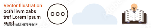 Cloud computing, data storage, communication, knowledge sharing, innovation, education. A cloud, three dots inside a circle and an open book with a lightbulb. Cloud computing and data storage