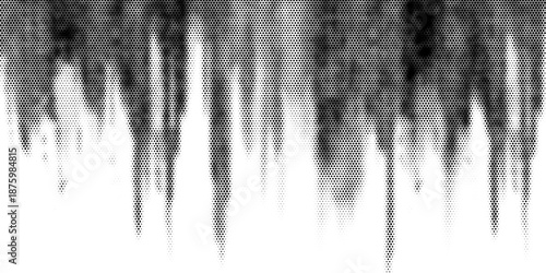 Hexagon halftone gradient texture. Abstract black grunge background. Geometric retro halftone tech overlay. Fading wavy hexagonal pattern backdrop. Vector vanishing honeycomb grunge bitmap wallpaper