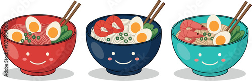 Vector illustration set of cute ramen characters featuring colorful smiling bowls filled with shrimp noodles and soft boiled eggs