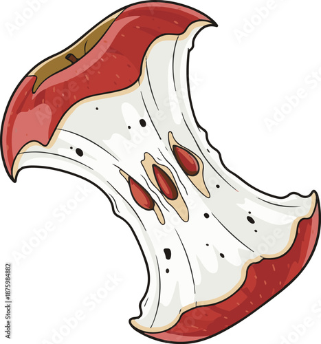 A detailed vector illustration of a red apple core with visible brown seeds and slight bruising, representing organic food waste, composting, and healthy snacks.