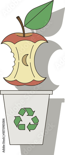 A vector illustration of a red apple core with a green leaf hovering above a grey compost bin marked with a green recycling symbol, promoting organic waste sorting and sustainability.