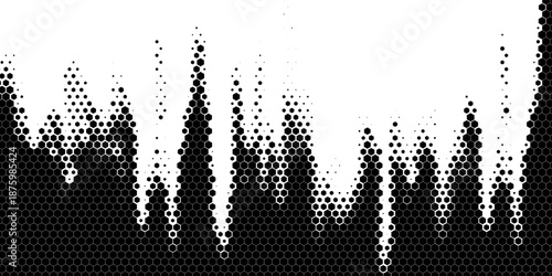 Hexagon halftone gradient texture. Abstract black grunge background. Geometric retro halftone tech overlay. Fading wavy hexagonal pattern backdrop. Vector vanishing honeycomb grunge bitmap wallpaper