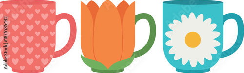 Vector illustration set of decorative mugs featuring heart patterns tulip flower shapes and daisy floral designs in flat style