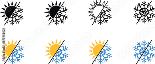 Vector illustration set of eight seasonal weather icons featuring split sun and snowflake designs in color and black silhouette